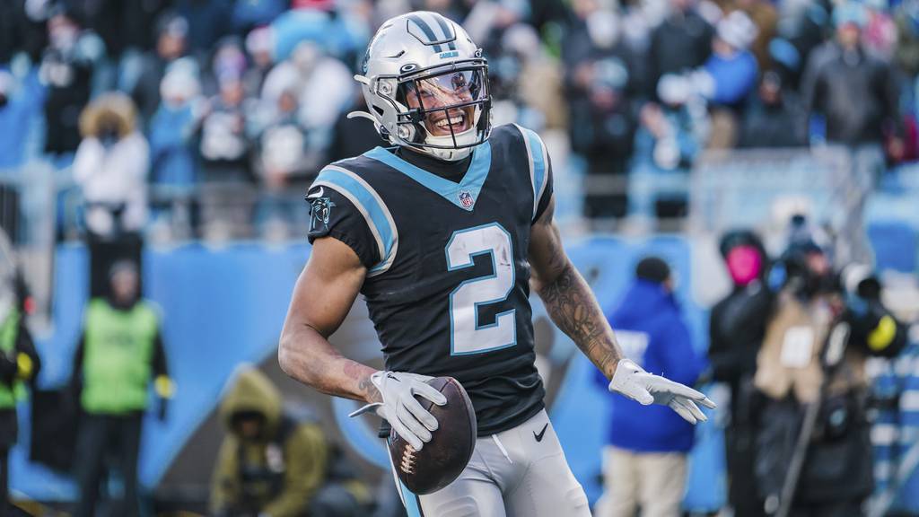 Panthers wide receiver DJ Moore reacts after scoring a touchdown against the Lions on Dec. 24, 2022, in Charlotte, N.C.