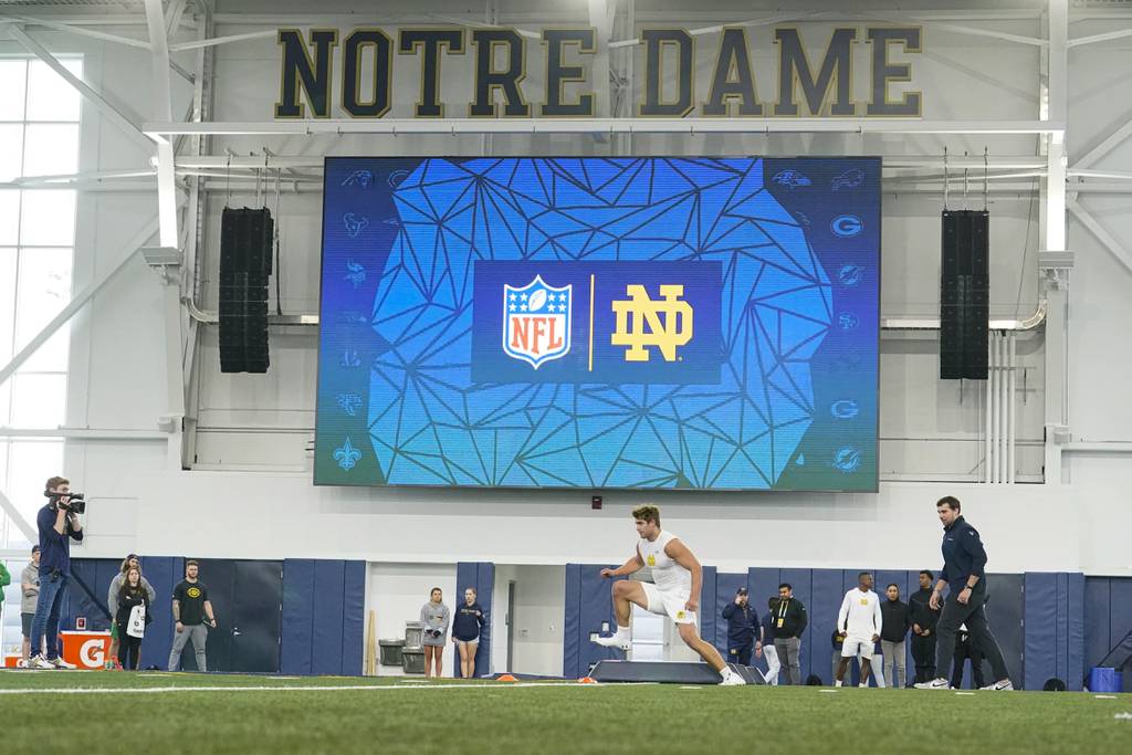 Tight end Michael Mayer runs a drill during Notre Dame's pro day in South Bend, Ind., on March 24, 2023.