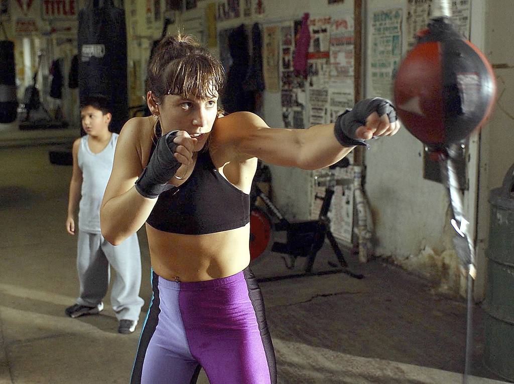 Amber Gideon trains at the Windy City Gym for a match in the Golden Gloves finals in Chicago on April 3, 2002.
