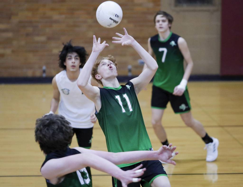 Oak Lawn’s Jack Dillon (11) sets the ball to a teammate against Lockport during a nonconference match in Lockport on Thursday, April 6, 2023.