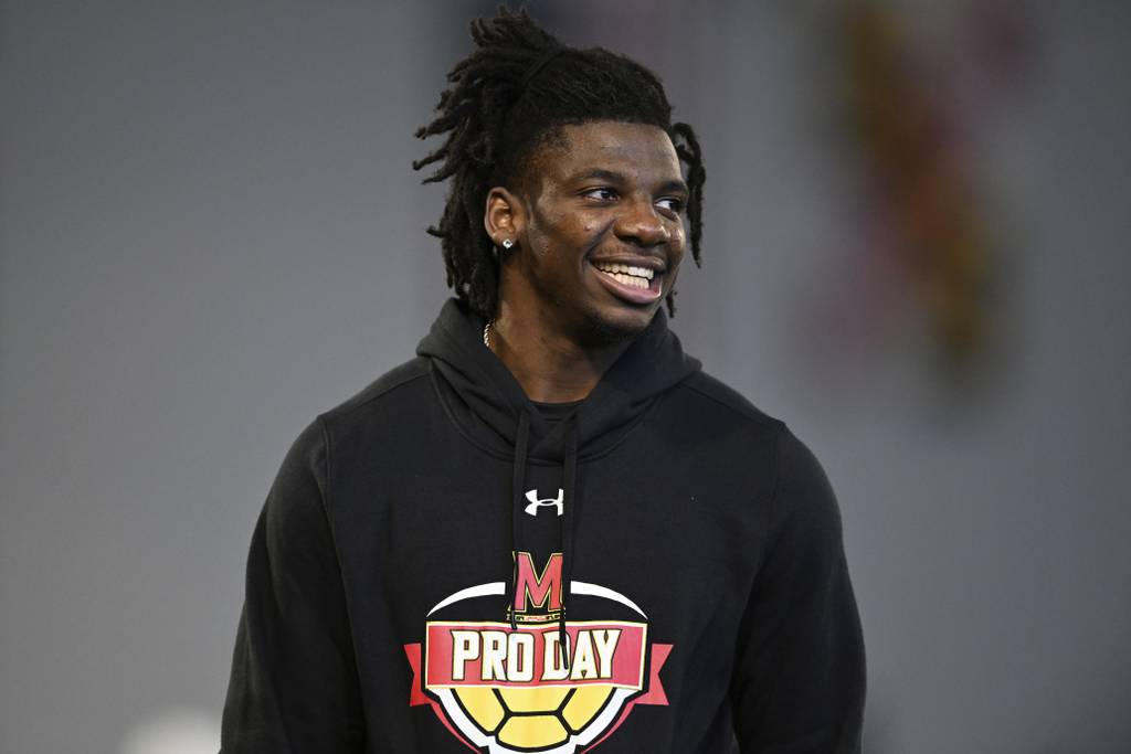 Cornerback Deonte Banks watches from the sidelines during Maryland's pro day on March 29, 2023.
