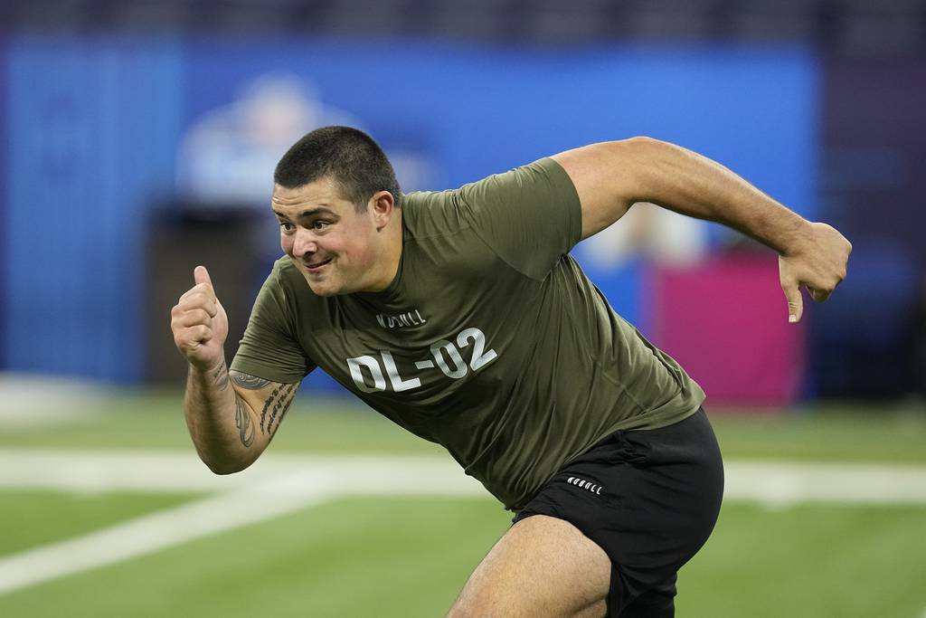 Clemson defensive lineman Bryan Bresee runs a drill at the NFL combine in Indianapolis on March 2, 2023.