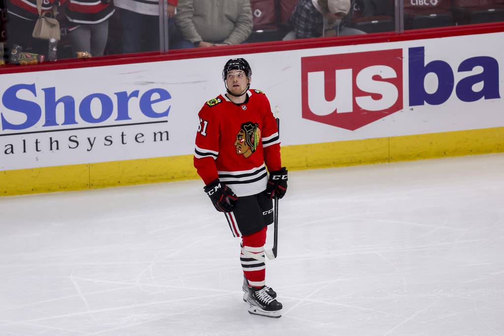Blackhawks defenseman Ian Mitchell skates after scoring a goal during the third period against the Kings on Jan. 22 at the United Center. 