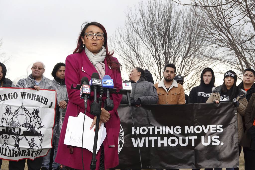 Illinois Rep. Dagmara Avelar joins a group of activists as they gather near the Hearthside Foods packaging facility to speak out against child labor on March 6, 2023, in Bolingbrook. The activists were accusing Hearthside of employing child workers hired through temporary employment agencies at their facility. 