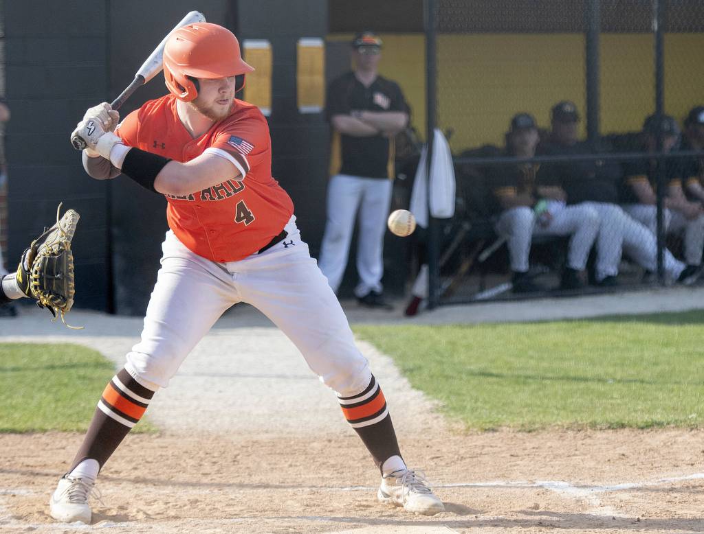 Shepards' Ty Urbauer (4) watches a pitch against Richards during a South Suburban Red game in Oak Lawn on Tuesday, April 11, 2023.