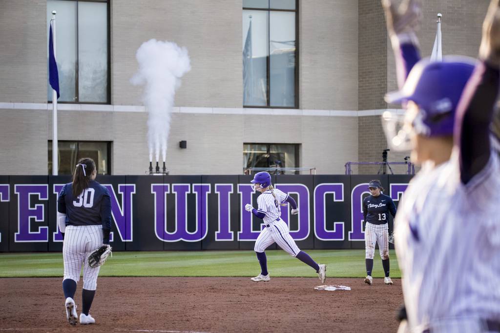 Northwestern's Angela Zedak rounds second after hitting a three-run homer against Penn State on Friday, April 7, 2023.
