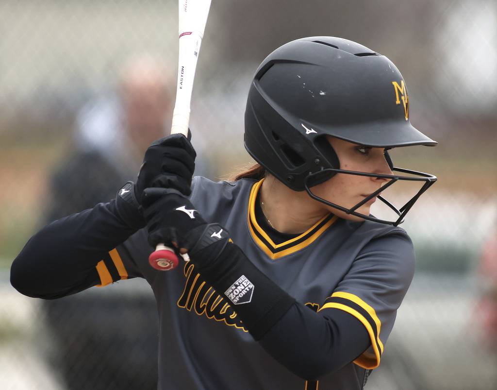 Metea Valley's Reese Valha, who had three hits, focuses in the batter's box during a  nonconference game at Oswego on Monday, April 3, 2023.