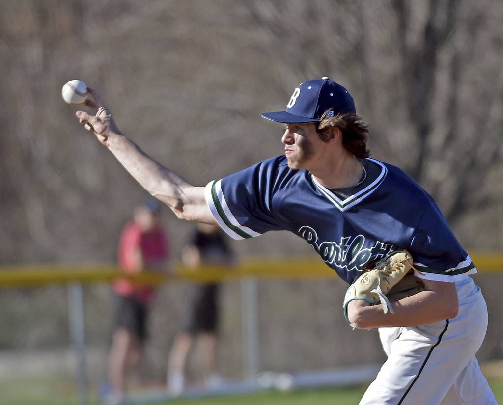 Bartlett's Dylan Scott delivers a pitch against East Aurora during an Upstate Eight Conference game in Bartlett on Wednesday, April 12, 2023.