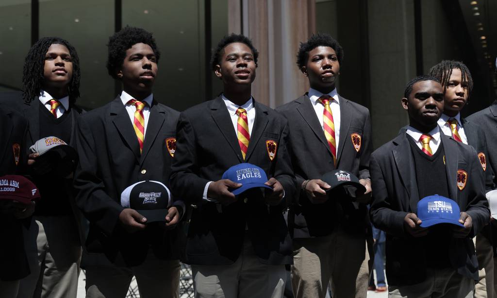 Urban Prep seniors participate in a college signing day rally and announce their future college plans at Daley Plaza on April 27, 2023.  