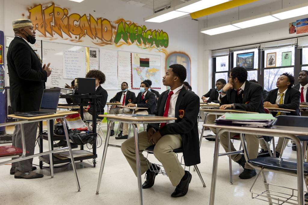 Students listen during class on Oct. 25, 2022, at Urban Prep in the Englewood neighborhood.  