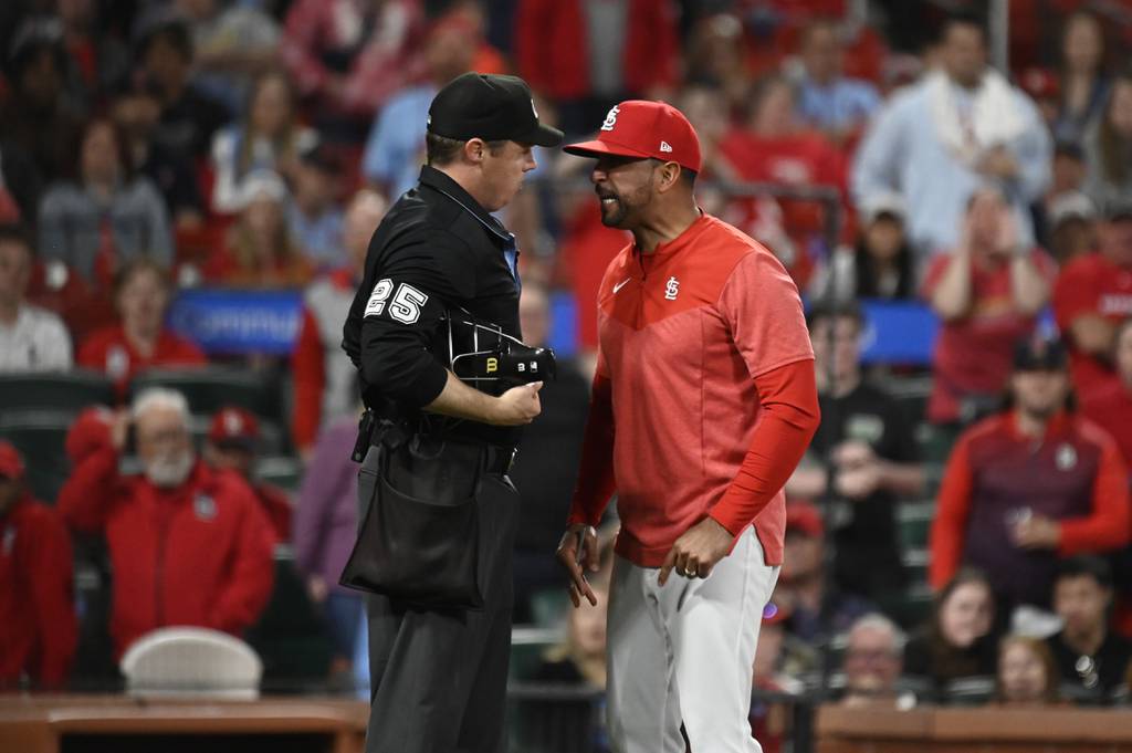 Cardinals manager Oliver Marmol argues a call with umpire Junior Valentine during the ninth inning against the Tigers on Friday, May 5, 2023, in St. Louis.