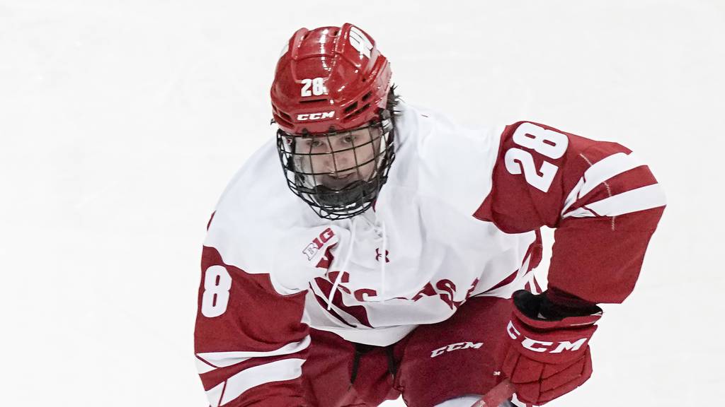 Wisconsin's Charlie Stramel against Penn State during the second period of an NCAA game on Oct 28, 2022.