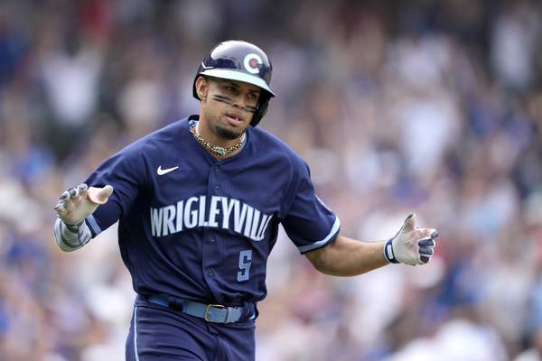 The Cubs' Christopher Morel celebrates his two-run home run off Guardians relief pitcher Xzavion Curry during the sixth inning on June 30, 2023.