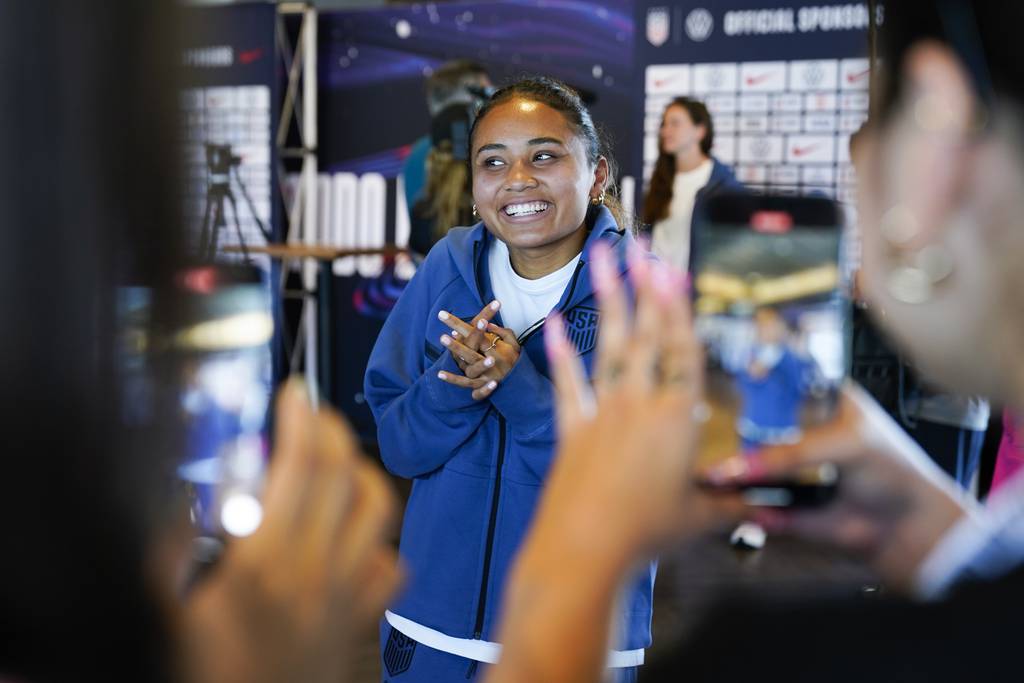 Alyssa Thompson speaks to reporters during the 2023 Women's World Cup media day for the United States Women's National Team on June 27, 2023.
