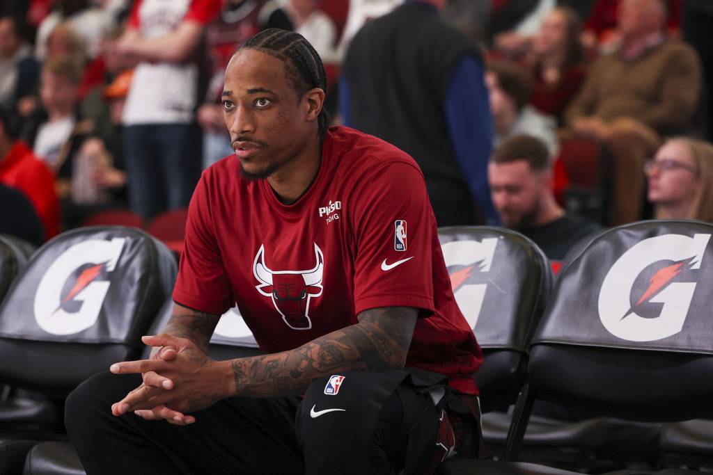 Bulls forward DeMar DeRozan prepares for the game against the Pistons at the United Center on April 9, 2023. 