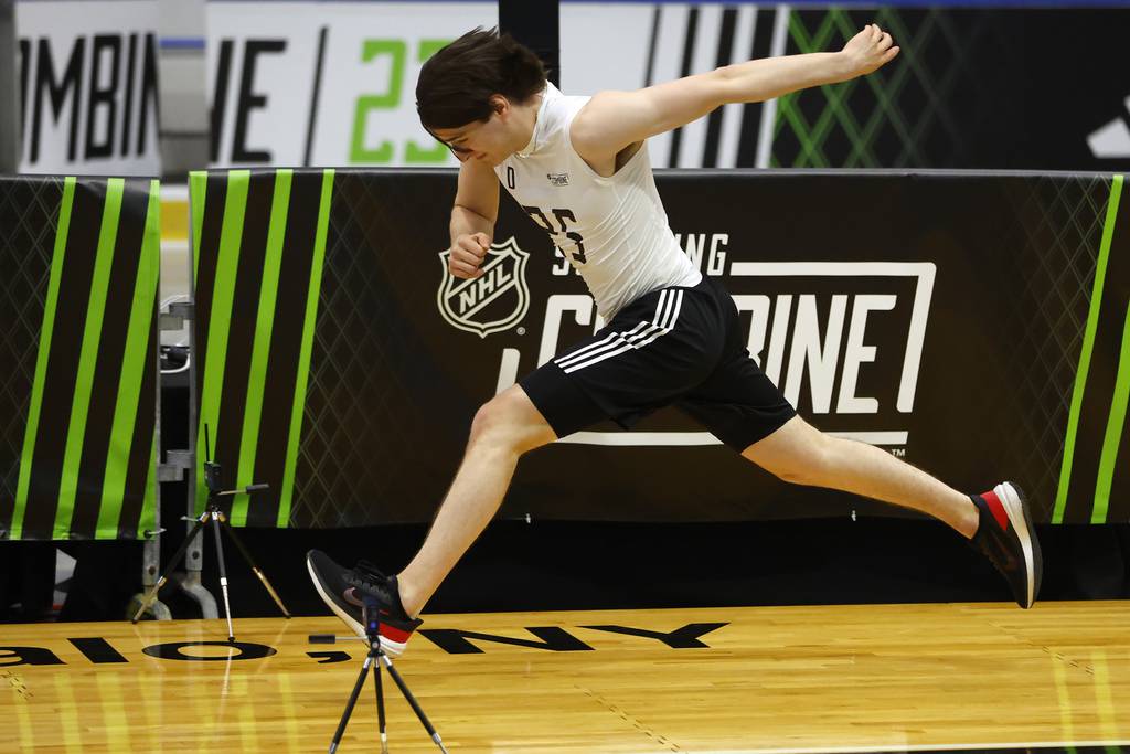 Étienne Morin runs the agility course during the NHL combine on June 10, 2023, in Buffalo, N.Y.