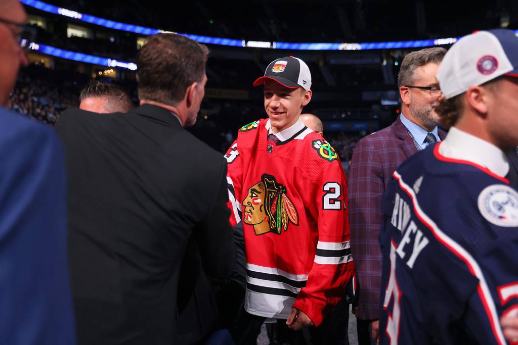 Adam Gajan reacts after being by the Blackhawks with the No. 35 pick in the NHL draft on June 29, 2023.