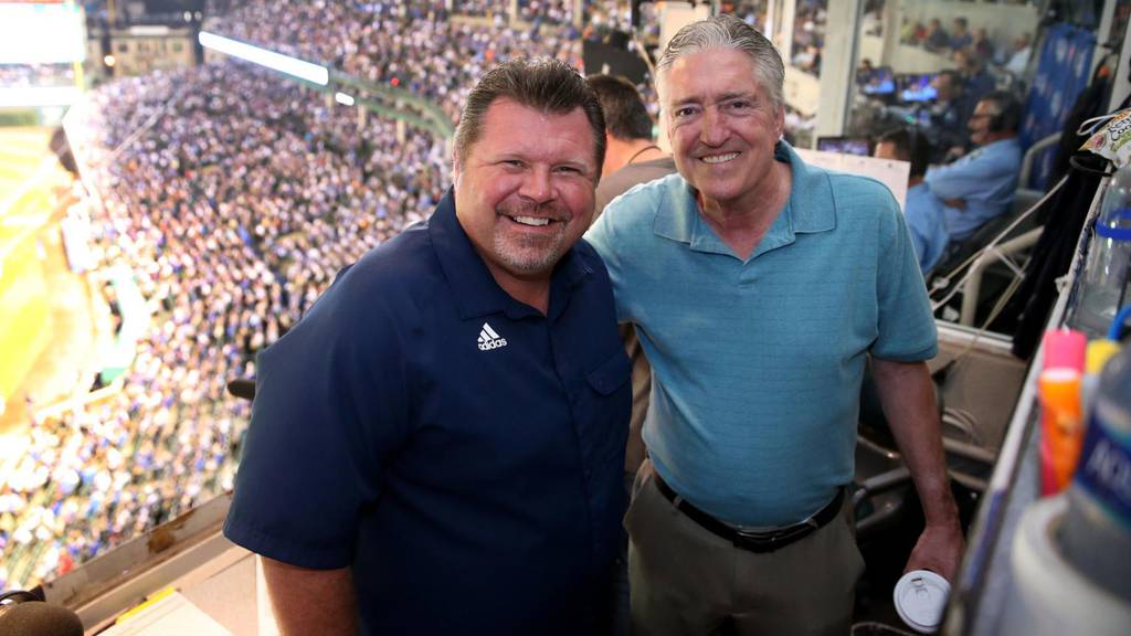 Cubs radio broadcasters Ron Coomer, left, and Pat Hughes pose during a game against the Brewers on Sept. 15, 2016, at Wrigley Field.