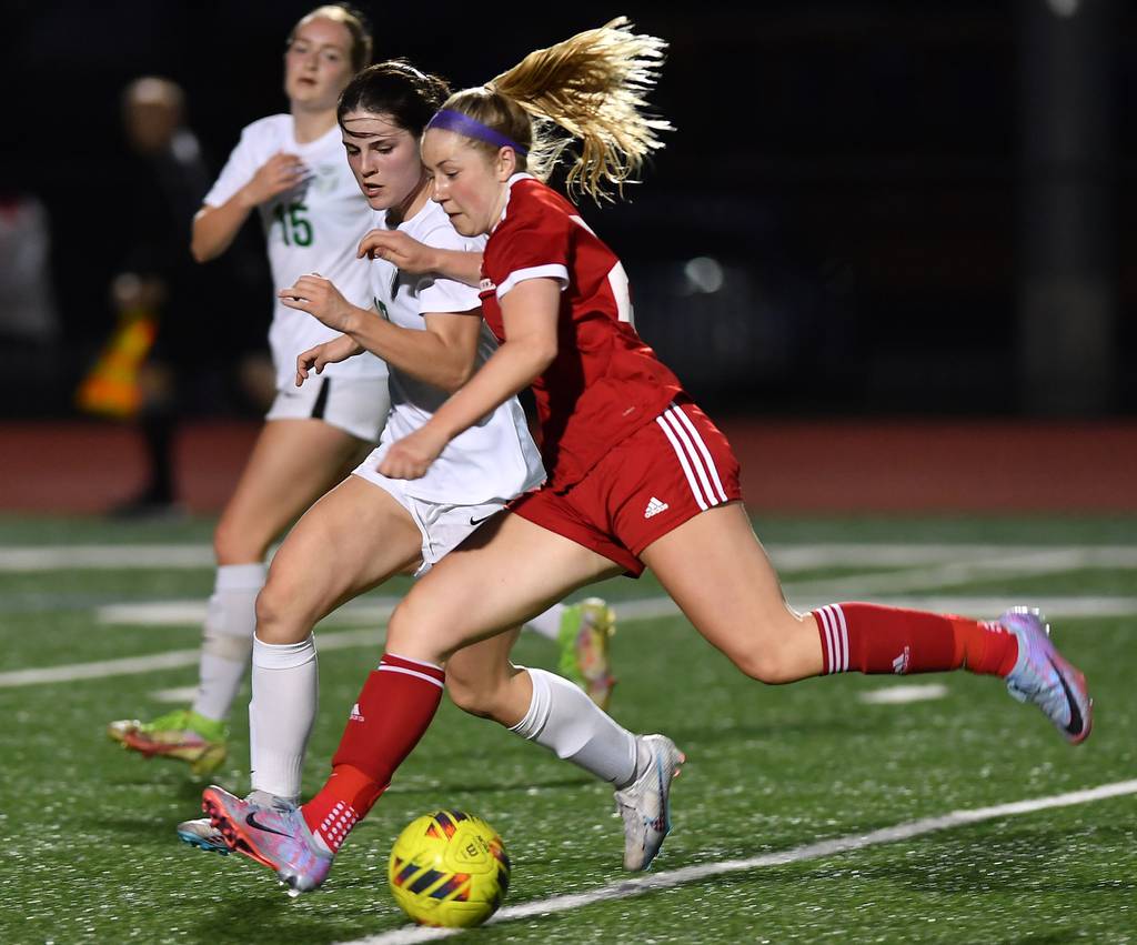 Naperville Central’s Megan Norkett, front, looks to shoot as York’s Tatum Mailander defends during a Naperville Invitational game on Thursday, April 20, 2023.