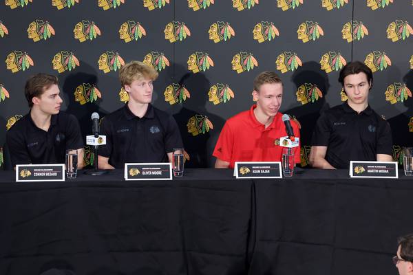 Blackhawks draft picks, from left, Connor Bedard, Oliver Moore, Adam Gajan and Martin Misiak are introduced at Fifth Third Arena on Friday, June 30, 2023.