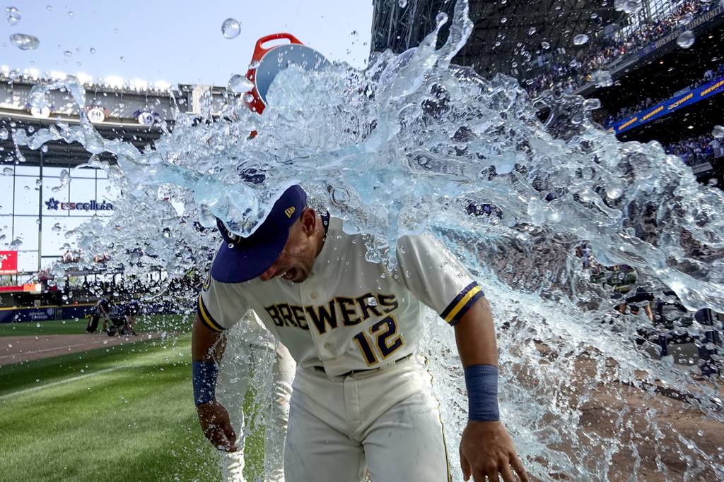 The Brewers' Jahmai Jones is doused after a win over the Cubs on July 3, 2023, in Milwaukee.