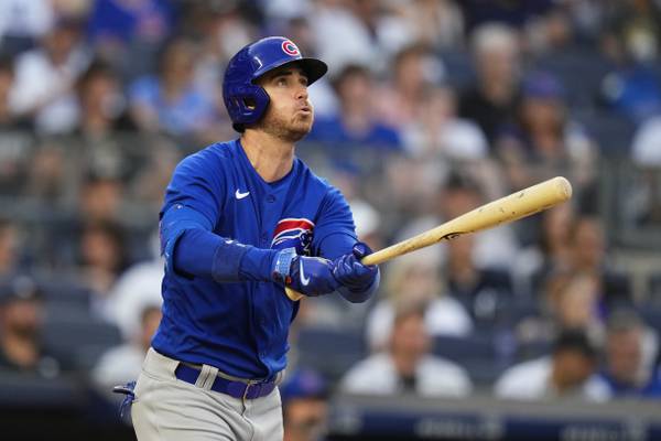 The Cubs' Cody Bellinger watches his home run during the third inning against the Yankees on Friday, July 7, 2023, in New York.