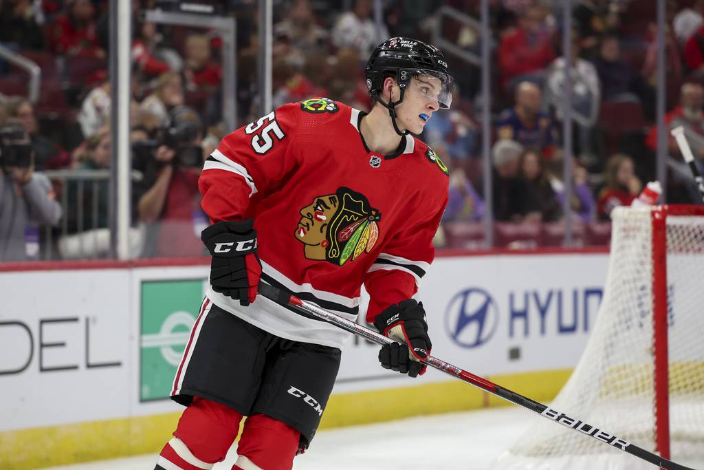 Blackhawks defenseman Kevin Korchinski skates against the Blues on Sept. 27, 2022, at the United Center.