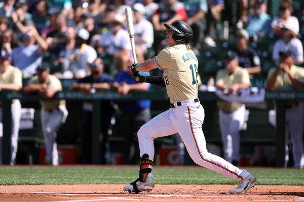 Baltimore Orioles' Heston Kjersad bats during the Futures Game at T-Mobile Park on July 8, 2023.