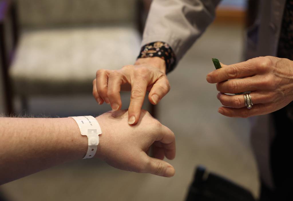 Chaplain Catherine Lindsay makes the sign of the cross with lotion from an aloe plant on the hand of patient Mason Snyder during a Northwestern Medicine Marianjoy Rehabilitation Hospital chapel ceremony in Wheaton.