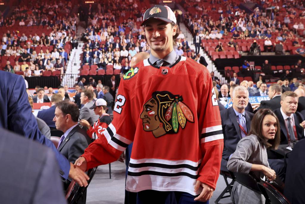 Gavin Hayes after being drafted by the Blackhawks in the third round of the NHL draft on July 8, 2022.
