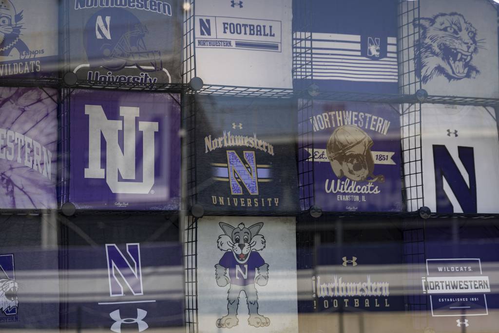Northwestern University merchandise for sale at a shop across the street from Ryan Field on July 10, 2023, in Evanston.