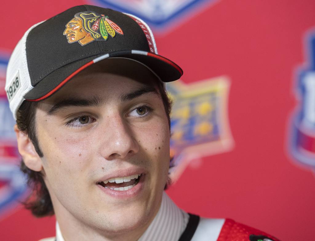 Frank Nazar speaks during a news conference after being selected by the Blackhawks at No. 13 in the NHL draft on July 7, 2022.