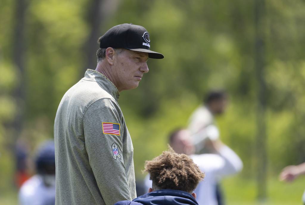 Bears coach Matt Eberflus watches his team practice during organized team activities May 23 at Halas Hall.