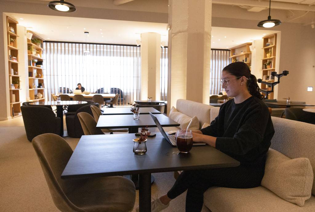 Kara Donato works in the new “elevated co-working space” at BIAN, a private wellness club in River North, on June 5, 2023. 