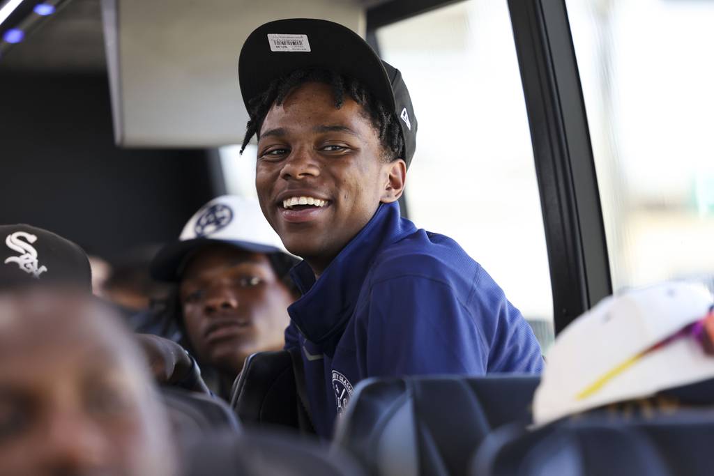 Kevari Thunderbird laughs during the Negro Leagues Chicago bus tour through the South Side on Monday, July 17, 2023.