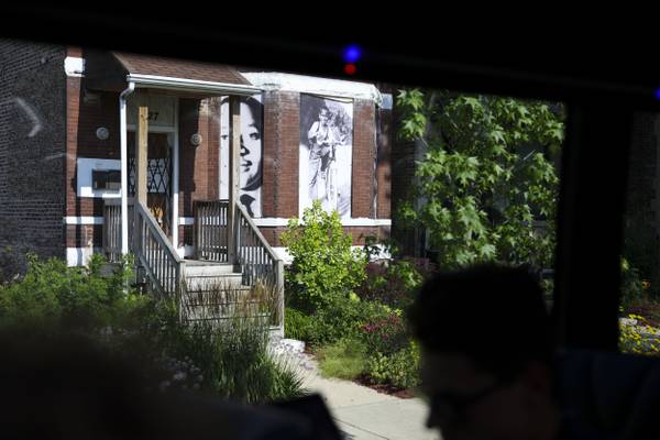 The Negro Leagues Chicago bus tour stops at the home of Emmett Till on Monday, July 17, 2023.