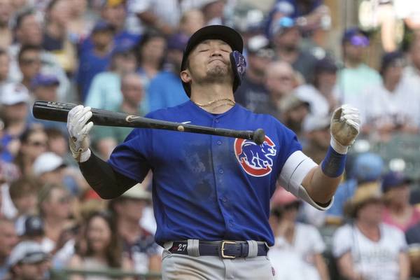 The Cubs' Seiya Suzuki reacts after lining out during the fifth inning Tuesday, July 4, 2023, in Milwaukee.