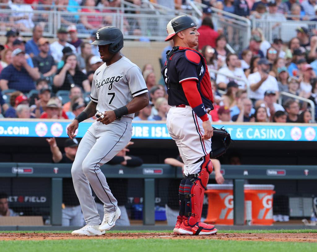 White Sox shortstop Tim Anderson easily steals home against the Twins in the third inning Saturday at Target Field in Minneapolis. It was part of a double-steal, with Luis Robert Jr. swiping second base.