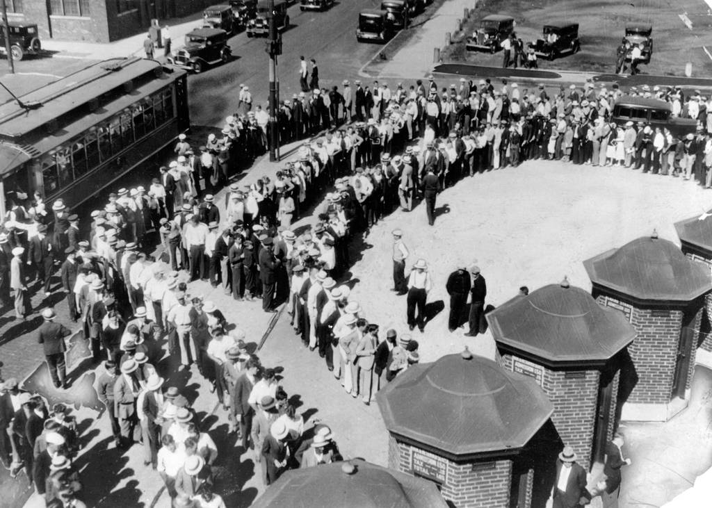 Crowds lined up at Comiskey park on the morning of July 3, 1933, to buy bleacher tickets for the Game of the Century between American and National league all-star teams.