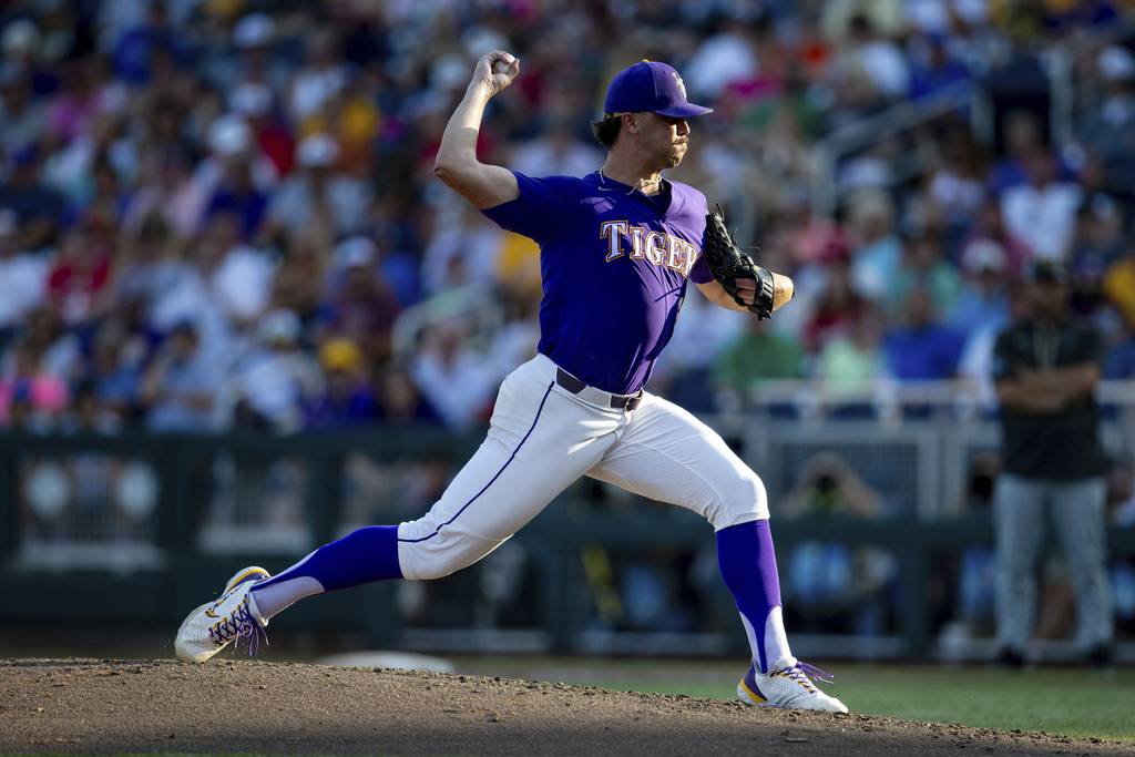 LSU pitcher Paul Skenes during the NCAA Men's College World Series in Omaha, Neb., on June 22, 2023.