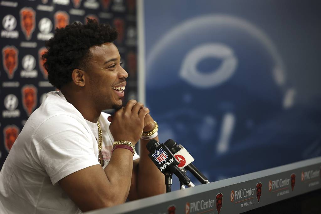 New Bears defensive end DeMarcus Walker speaks with the media on March 16 at Halas Hall in Lake Forest.