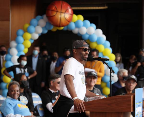 Sky coach James Wade speaks during a rally at Millennium Park on Tuesday, Oct. 19, 2021, after winning the WNBA championship.