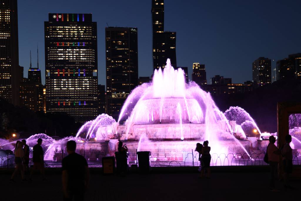 A message to people attending the Lollapalooza music festival in Grant Park in Chicago is seen in the windows of Blue Cross Blue Shield Tower on July 28, 2022.