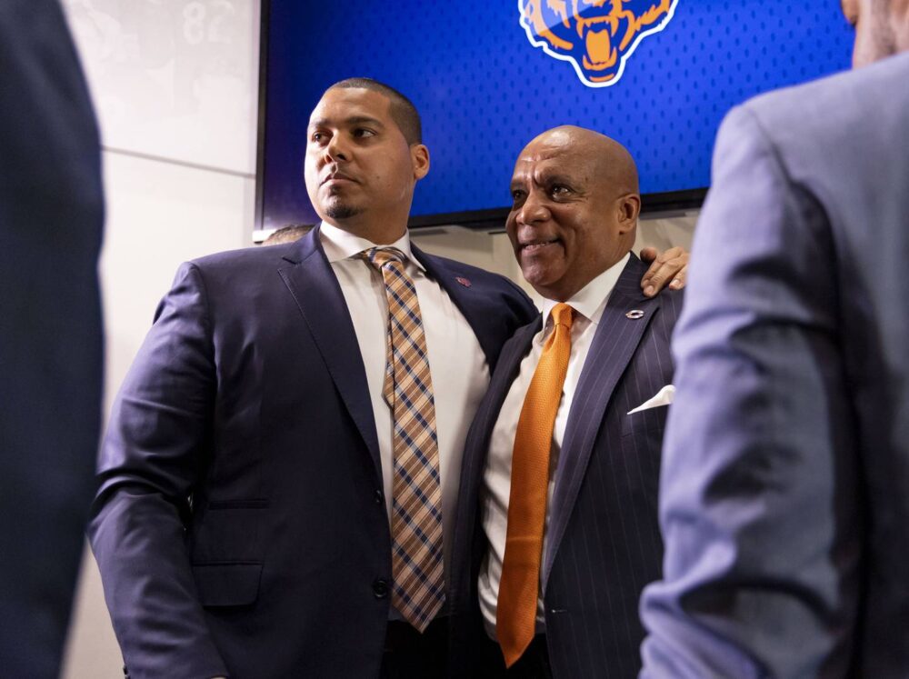 Bears general manager Ryan Poles greets new team President and CEO Kevin Warren on Jan. 17, 2023, at Halas Hall.