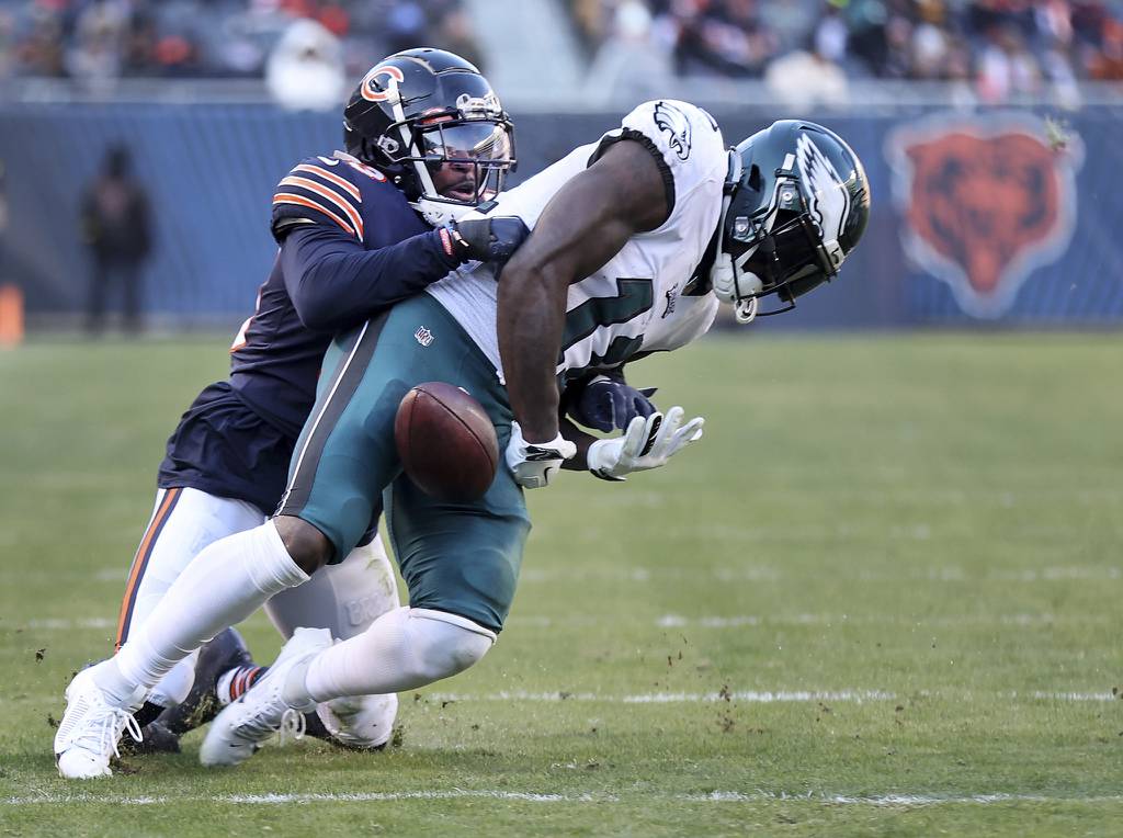 Bears cornerback Jaylon Johnson breaks up a pass to Eagles wide receiver A.J. Brown on Dec. 18, 2022, at Soldier Field.