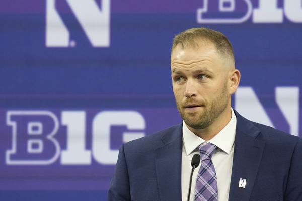 Northwestern interim coach David Braun speaks during a news conference at Big Ten media days at Lucas Oil Stadium on Wednesday, July 26, 2023, in Indianapolis.