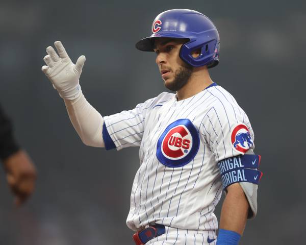 Cubs third baseman Nick Madrigal celebrates after a single against the Phillies on June 27, 2023, at Wrigley Field.