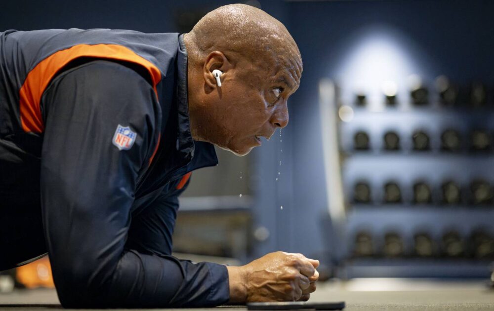 Bears President Kevin Warren sweats through his morning workout in the Halas Hall gym.