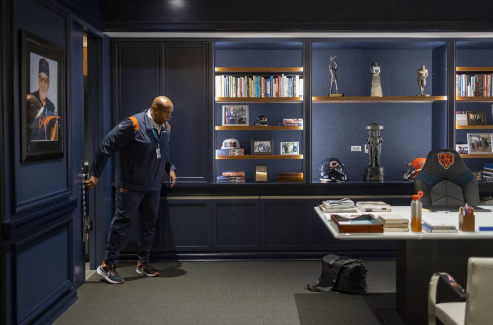 Bears President Kevin Warren arrives for work in his office at Halas Hall.