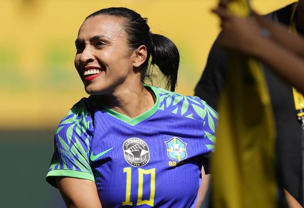 Brazil's Marta smiles at the end of a friendly against Chile on July 2, 2023, at Mane Garrincha stadium in Brasilia.